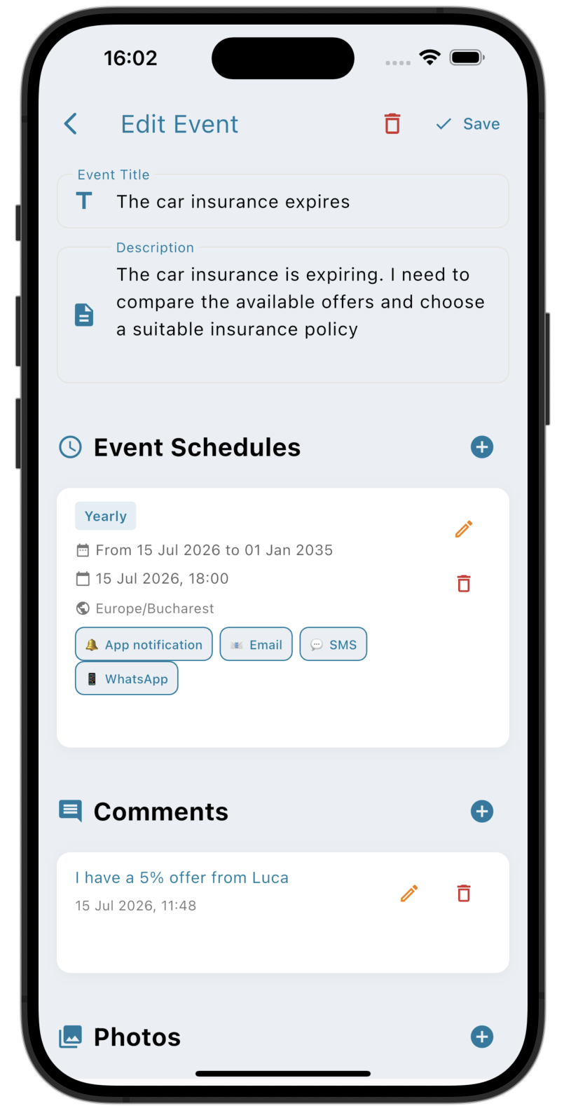 Event editing screen with title, description, notes and schedule options