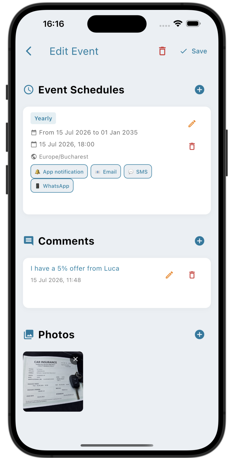 Event editing screen showing an attached photo