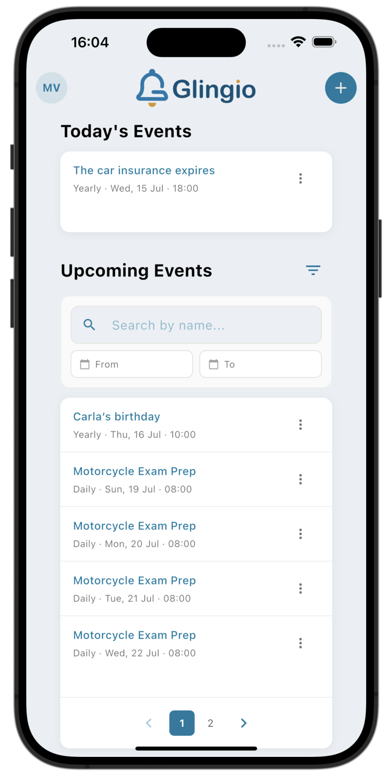 Search and date range filters on the home screen