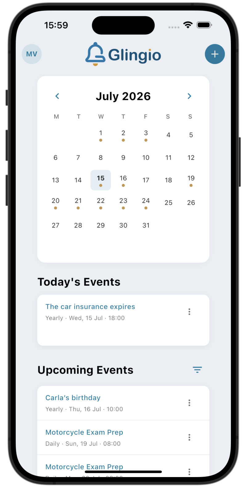 Glingio home screen showing the calendar and today's events