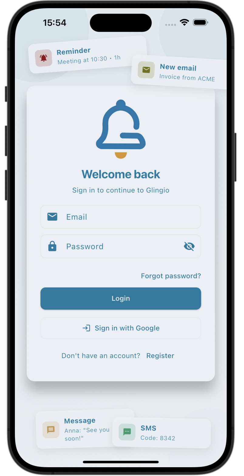 Sign in screen with email, password and Google login