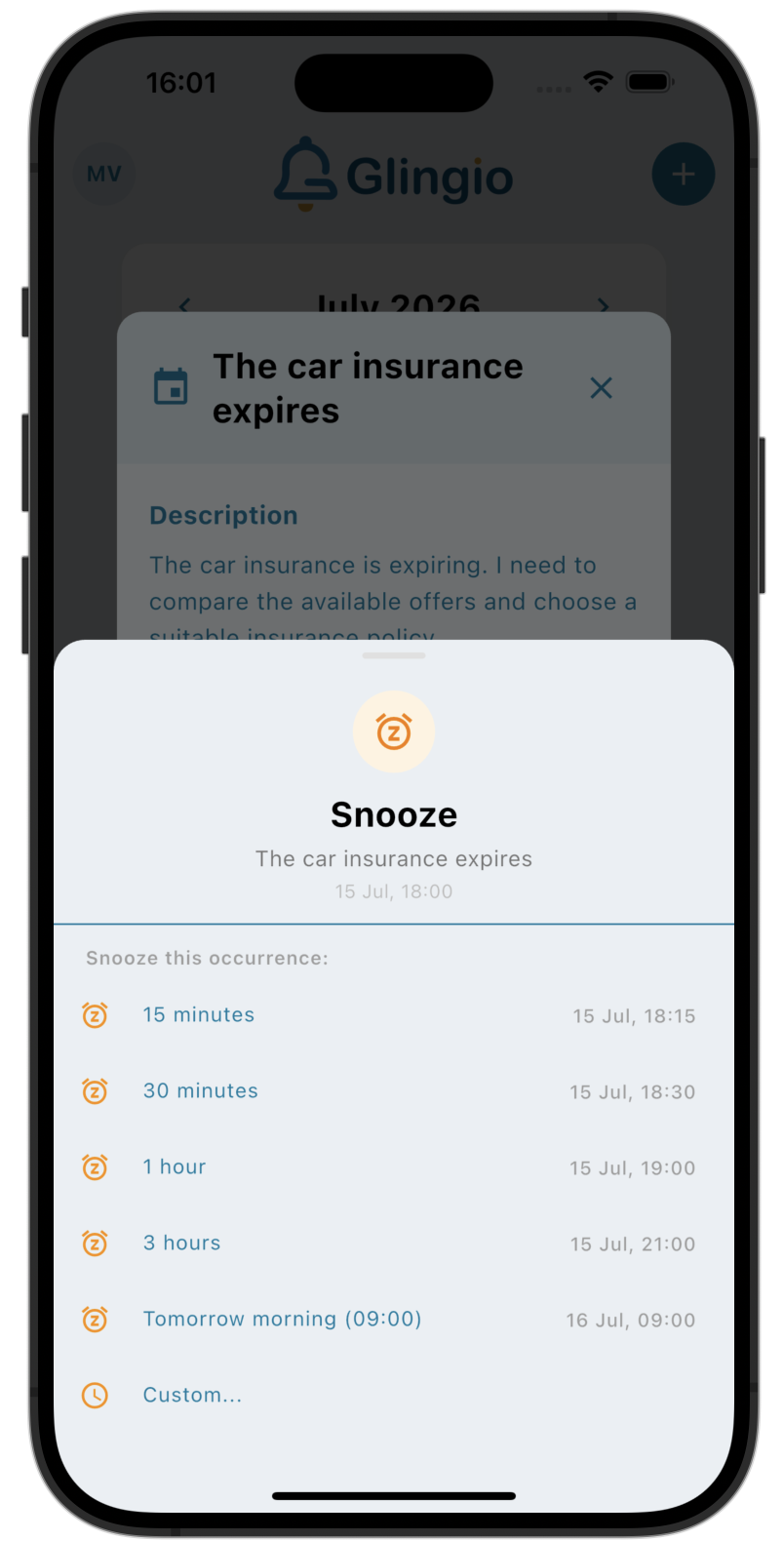 Snooze dialog with quick delay options