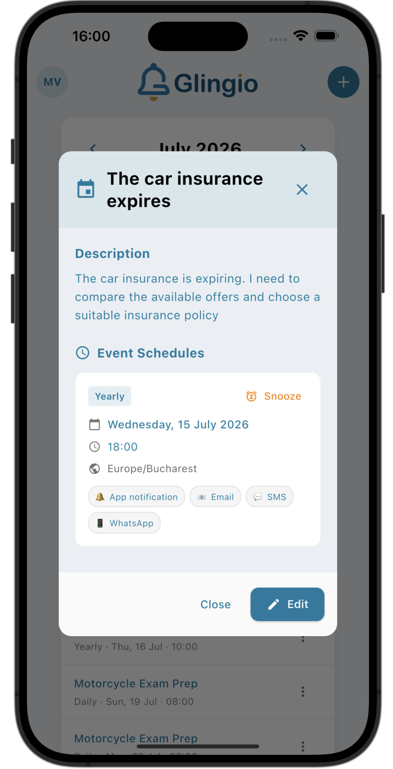 Event details screen with title, description and notification channels